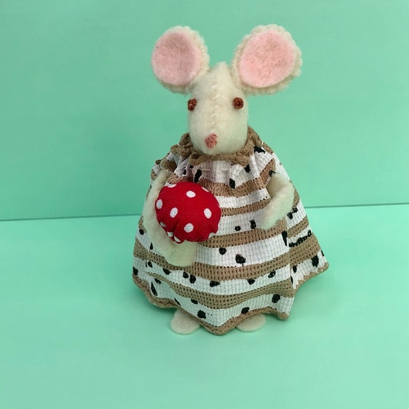 Hand Crafted Other - Cute Felt Mouse Art Doll with Mushroom hand-sewn handmade hand crafted
